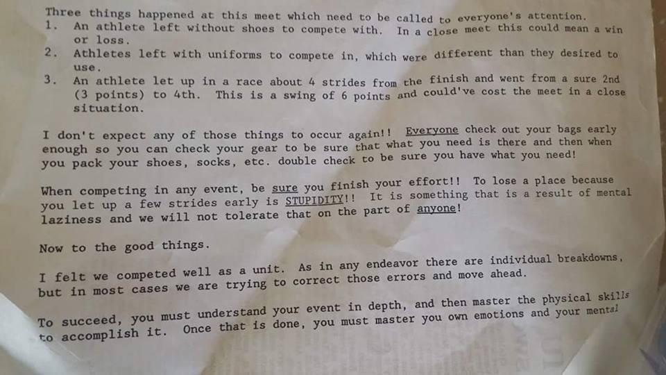 One of Coach Bell's Post-Meet Letters